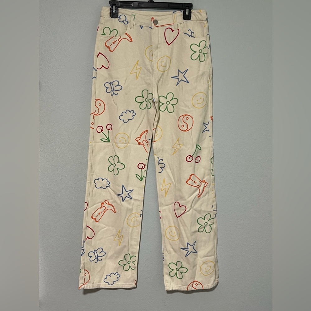 Princess Polly Cream Straight Leg Jeans with Multicolor Scribble Print - Size 8